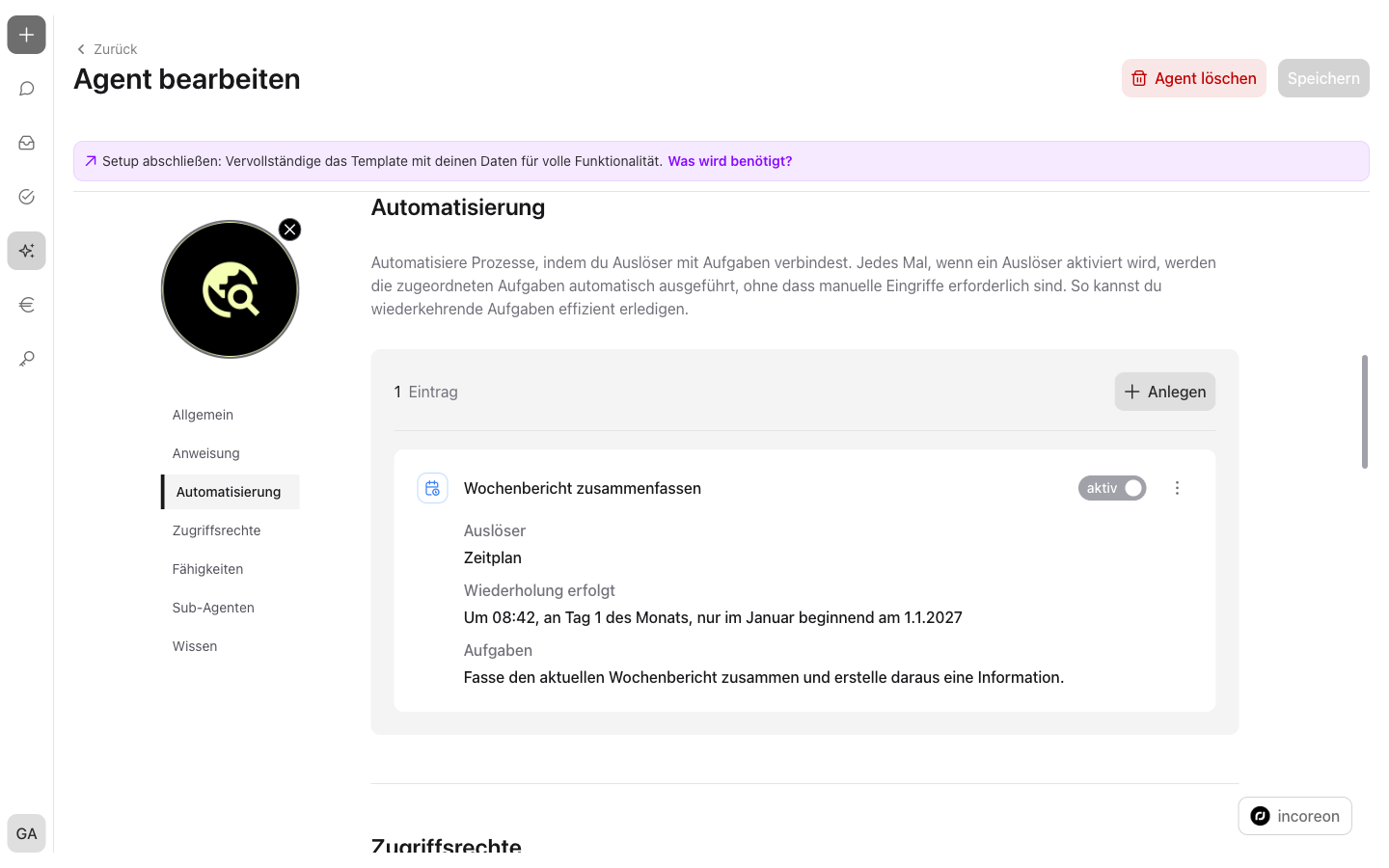 Der Bereich „Automatisierung“ in der Agentenkonfiguration mit der Übersicht der Einträge