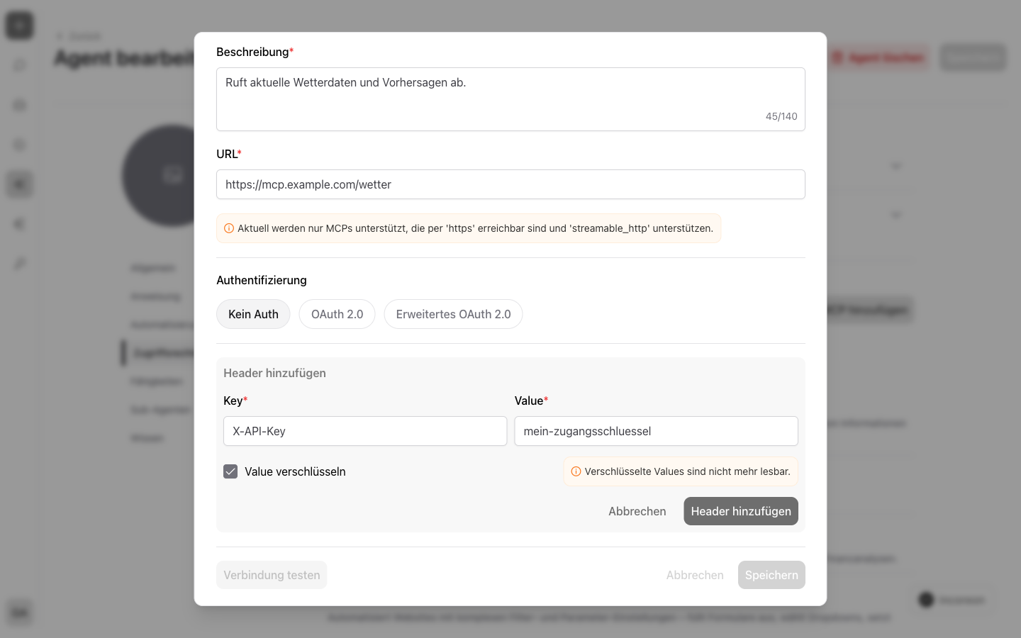 Der Dialog „MCP hinzufügen“ mit Name, Beschreibung, URL, Headern, Authentifizierung und Schaltfläche „Verbindung testen“