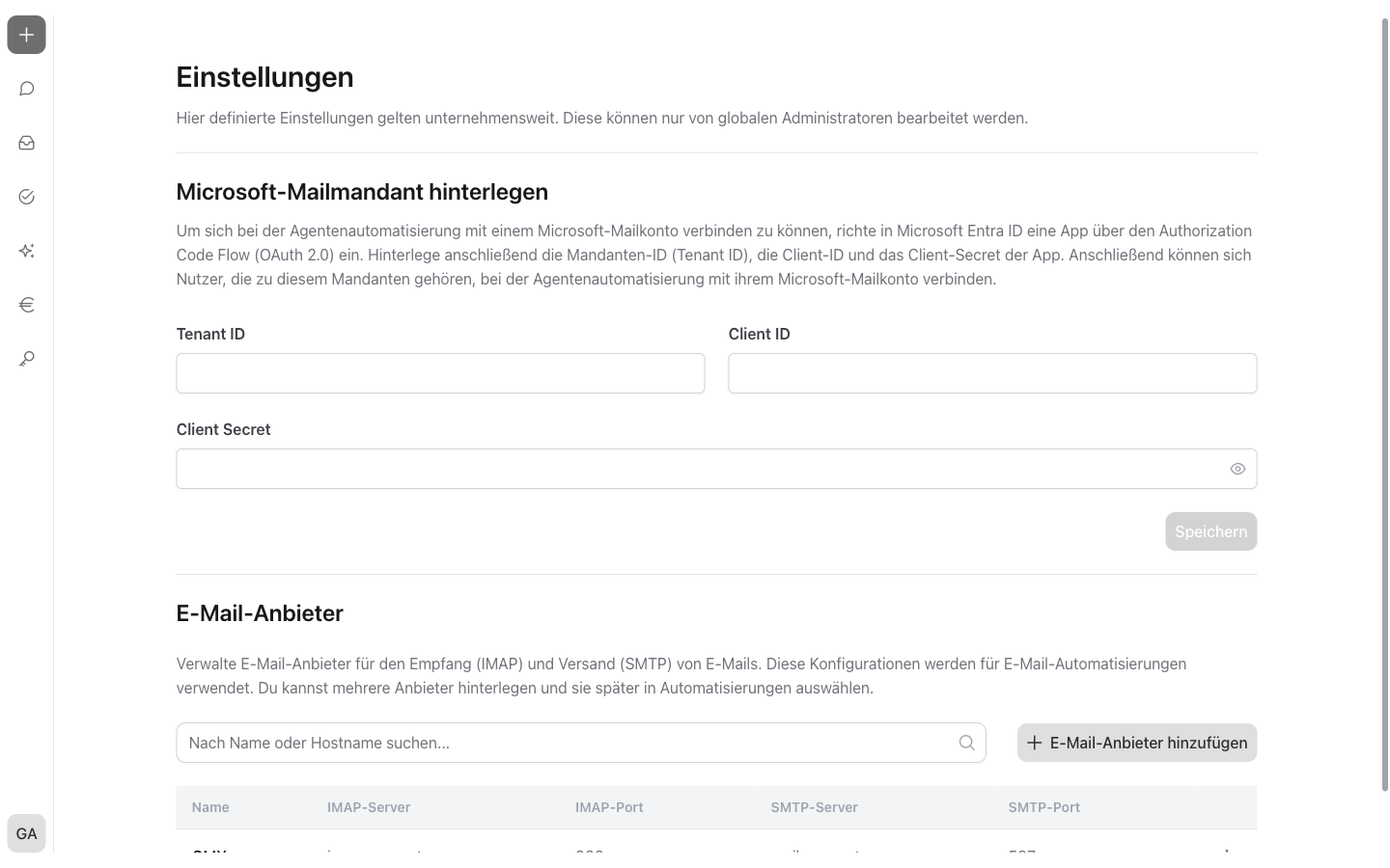 Die Einstellungsseite mit den Bereichen „Microsoft-Mailmandant hinterlegen“ und „E-Mail-Anbieter“